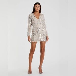 NWT $598 MAC DUGGAL Silver Long Sleeve Beaded Fringe Plunge Neck Dress 93850